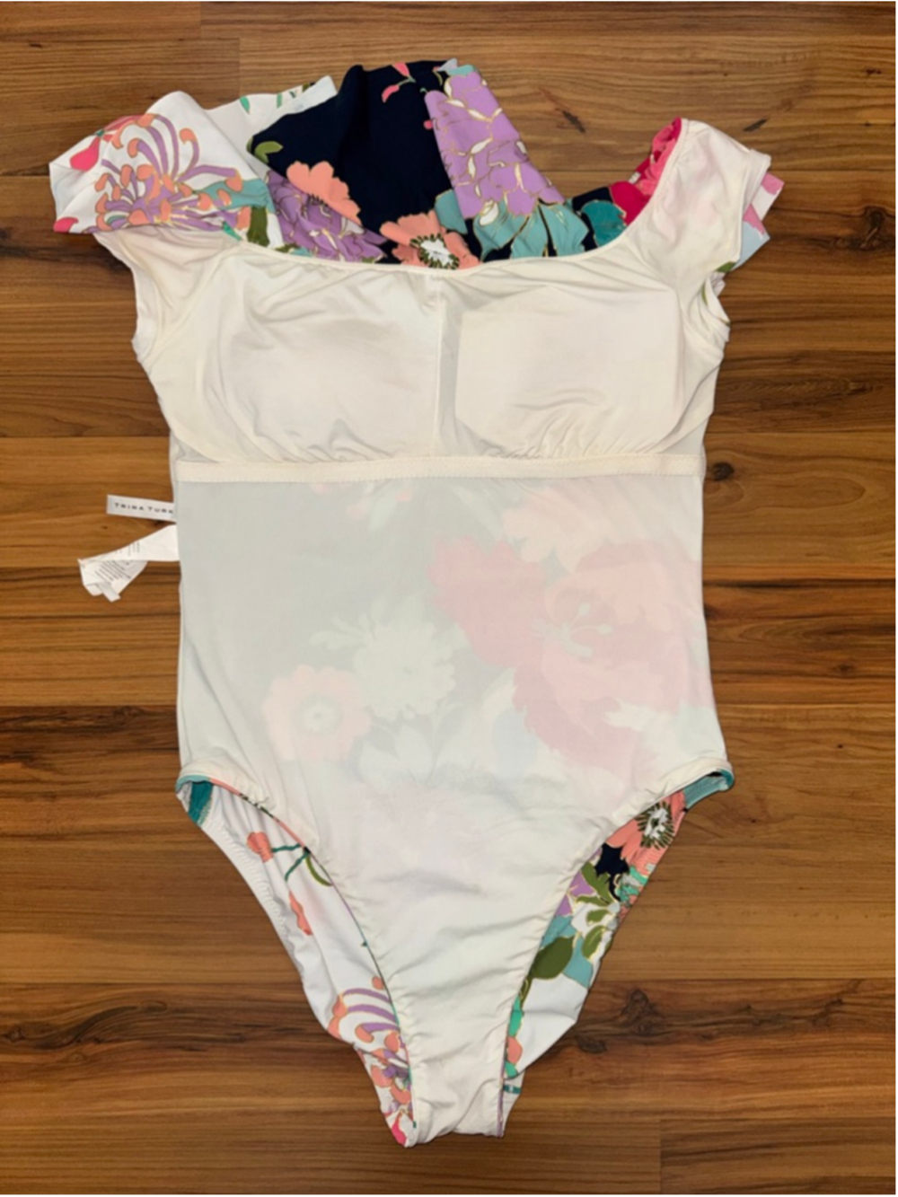 Trina Turk Floral Ruffle One Piece Swimsuit Tropical Resort Coastal Glam US 12 - Picture 7 of 7